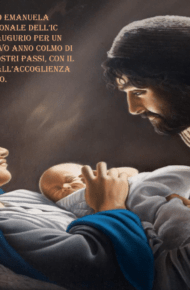 Gesù appena nato tra le braccia di Maria con Giuseppe che li osserva
